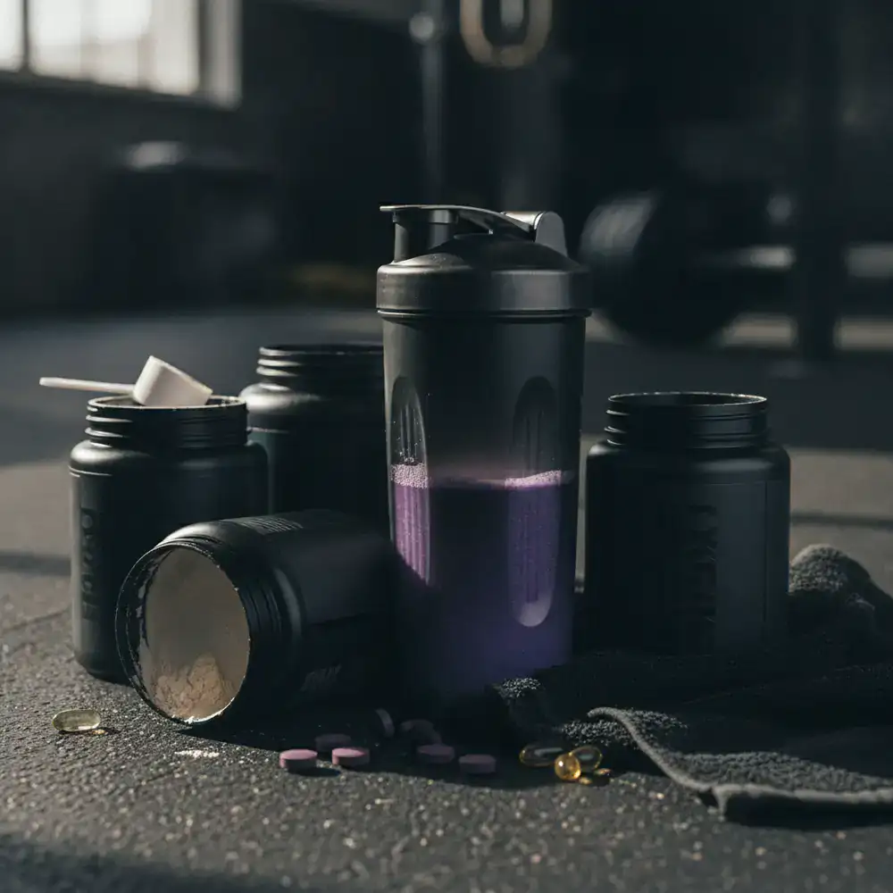 Detailed view of sports nutrition supplements and a shaker bottle