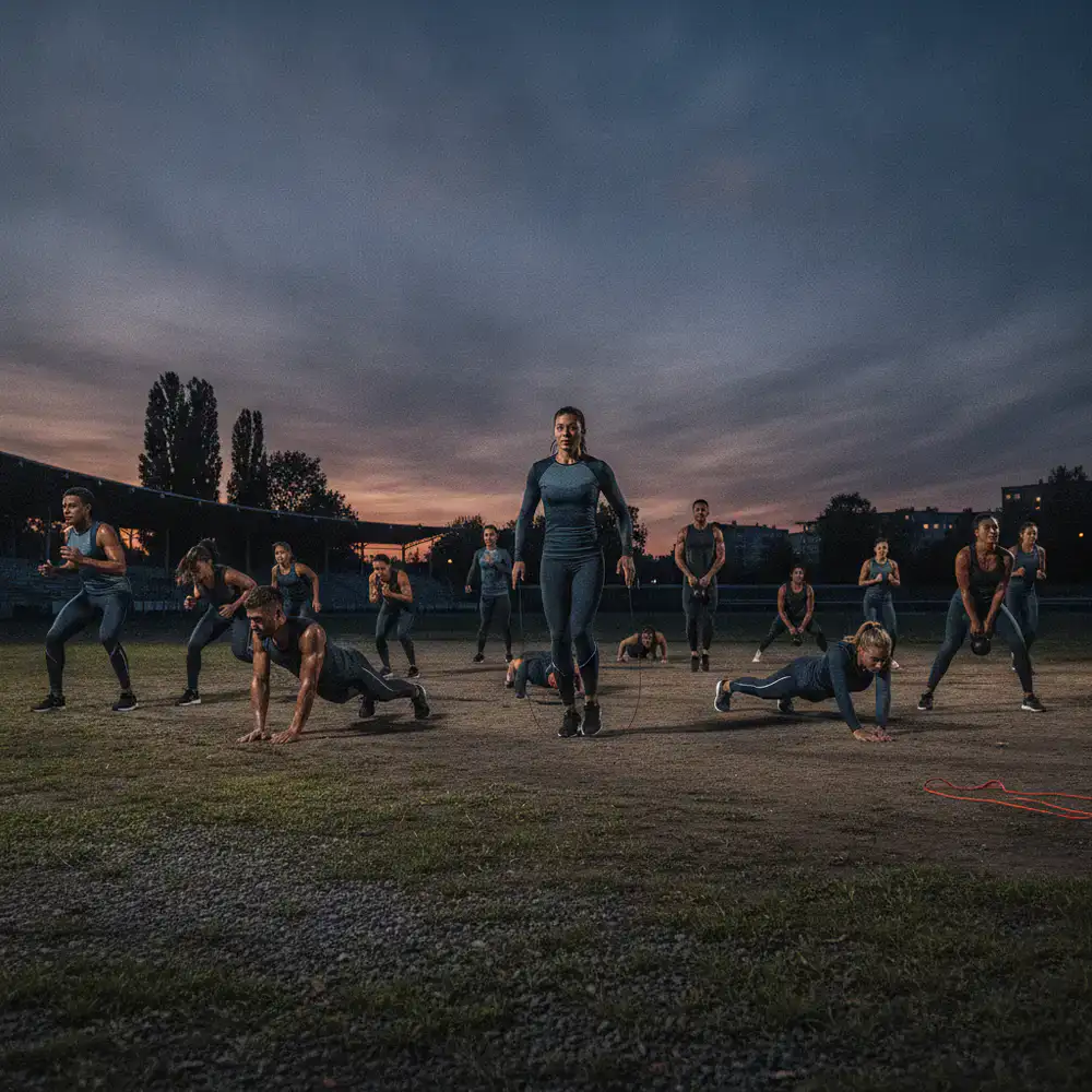 Group of athletes training together outdoors