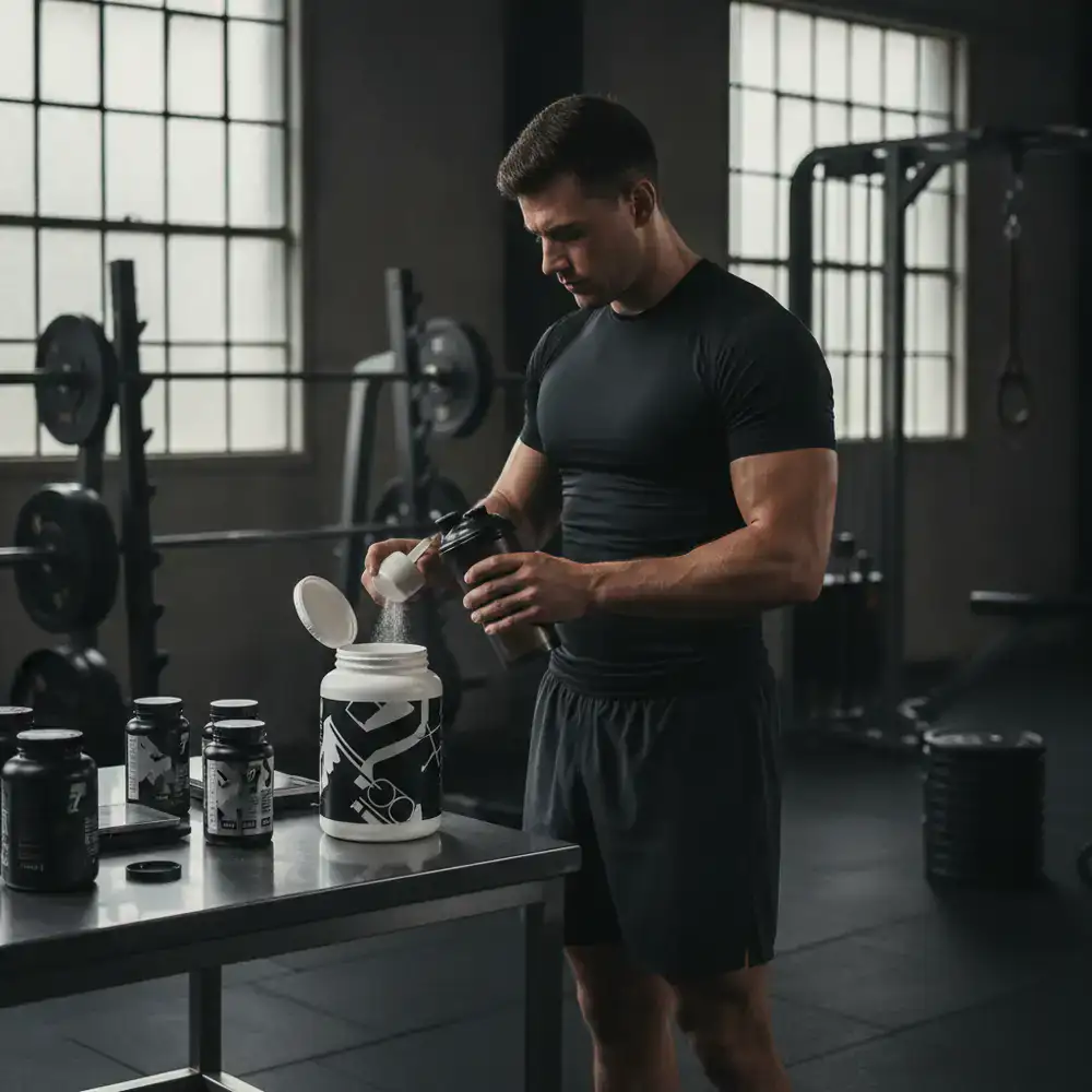 Athlete preparing supplements in a gym environment